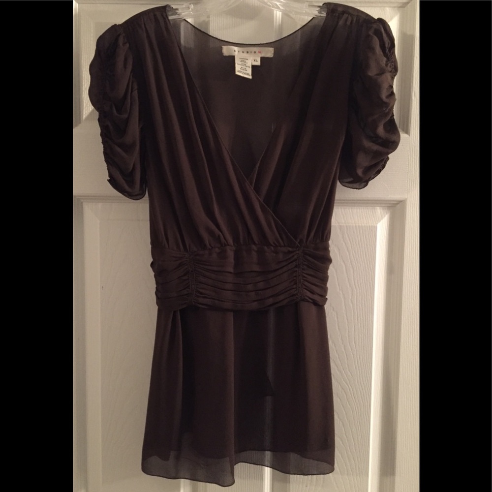Studio M Brown Silk Blouse with Tie Back